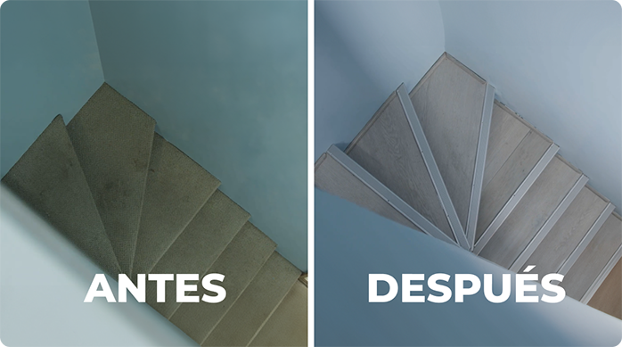 el antes y el después de una escalera que fue renovada con piso vinílico.