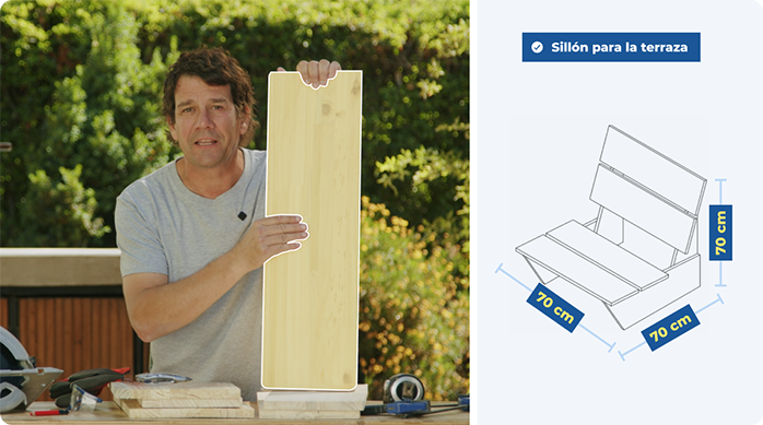 un hombre sostiene una tabla de madera y al lado se ve una gráfica con el dibujo de un sillón para terraza.