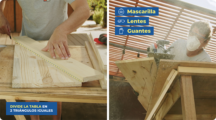 un hombre traza una diagonal en un trozo de madera y luego lo corta con una sierra circular.