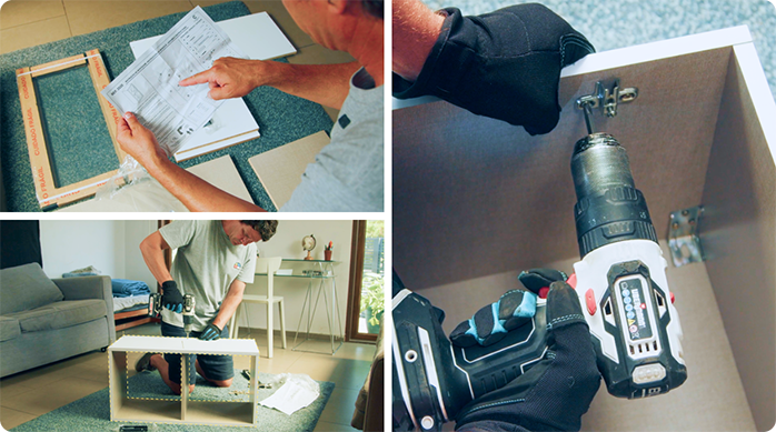 un hombre revisa el manual de armado del mueble y luego lo arma paso a paso.