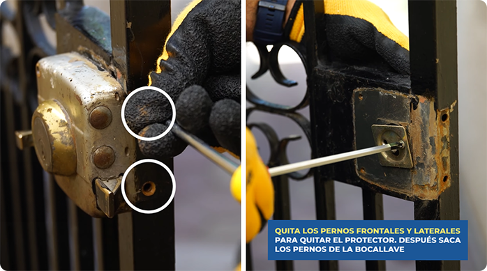 una persona desmonta y retira la cerradura antigua de una reja.