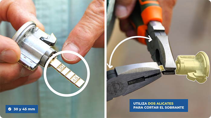 Una persona rompe la lengüeta del cilindro de la cerradura a la medida correcta para instalarla en la reja.