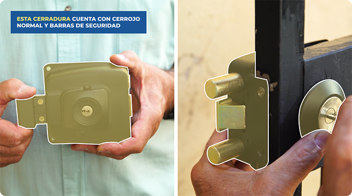 un hombre sostiene la cerradura nueva de la marca Scanavini y muestra sus 2 modos de funcionamiento: cerrojo normal y barras de seguridad.