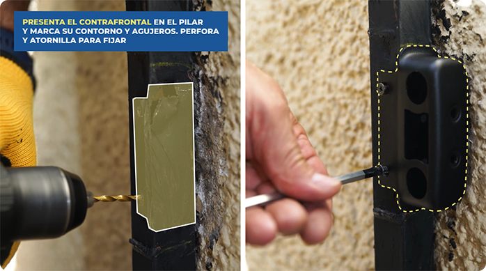 una persona perfora la reja y luego fija el contrafrontal con los tornillos que vienen incluidos.