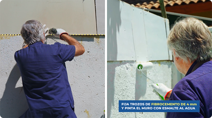 un hombre instala planchas de fibrocemento en un muro exterior y luego las pinta.