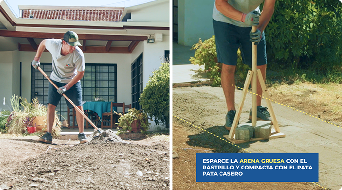 un hombre esparce la arena gruesa en el espacio donde construirá el sendero de adoquines y luego la compacta con un pata pata casero.