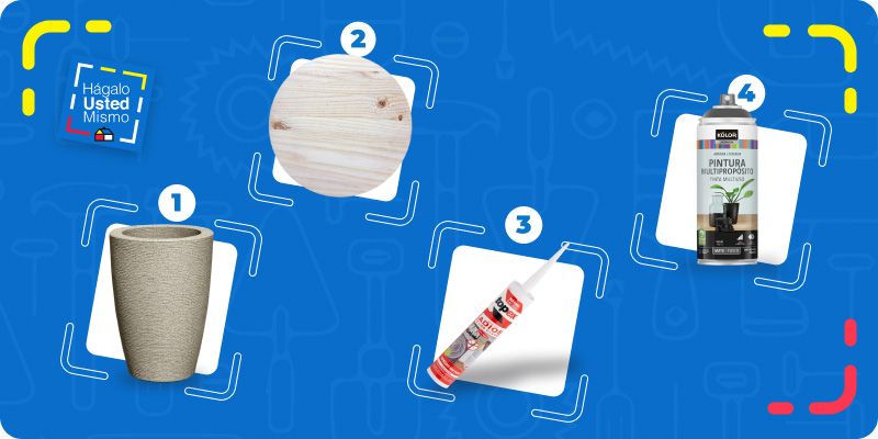 selección de productos para hacer una mesa lateral: macetero de plástico, cubierta de madera, adhesivo multiuso no más clavos y pintura en aerosol.
