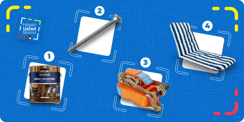 selección de productos para hacer una reposera portátil de madera: barniz poliuretano, tornillos, eslingas y cojín para reposera.