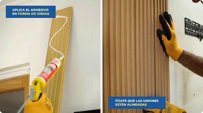 un hombre pega wall panel con adhesivo de montaje en una pared interior.