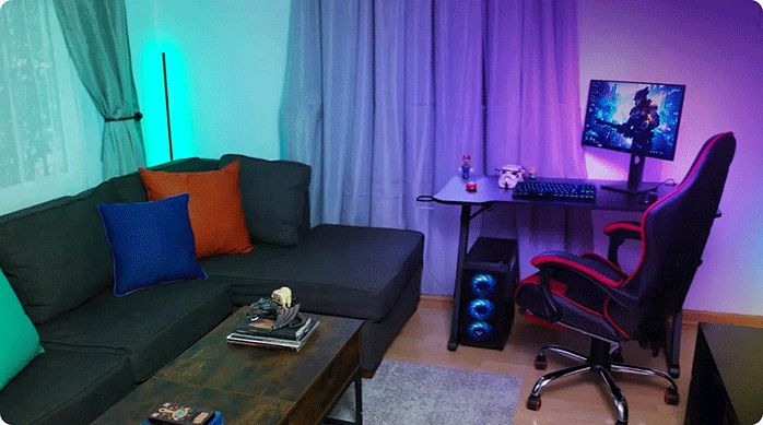 sala de estar recién renovada al estilo gamer.