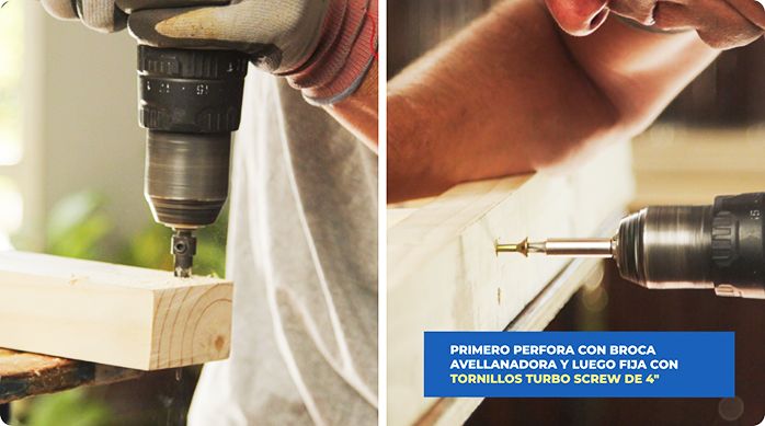 un hombre fija trozos de pino seco cepillado con tornillos para armar la estructura del escritorio flotante.
