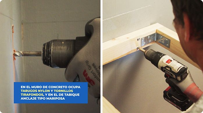 un hombre perfora un muro e instala la estructura del escritorio flotante.