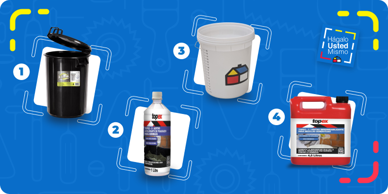 selección de productos para hacer un macetero de cemento: basurero, acelerante de fraguado, tineta e impermeabilizante para hormigón.
