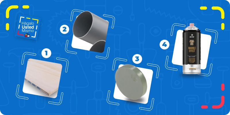 selección de productos para hacer una mesa de centro estilo japandi: terciado mueblería, tubo de PVC, tapa de PVC y pintura en spray.