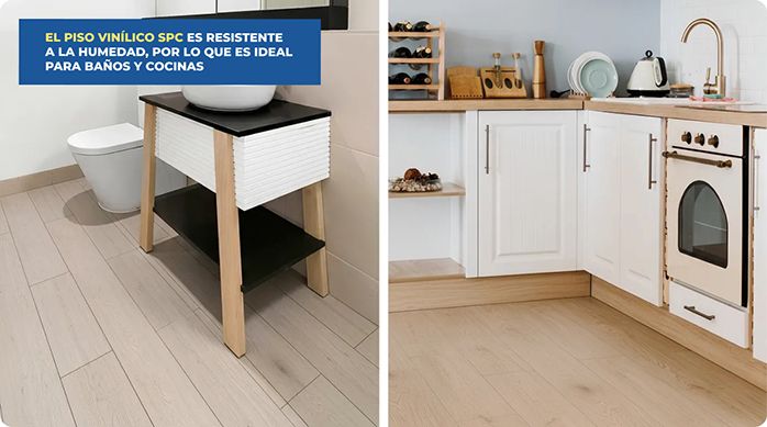 un baño y una cocina renovados con piso vinílico SPC.