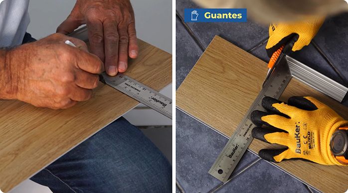 una persona marca y corta una palmeta de piso vinílico SPC con un cuchillo cartonero.