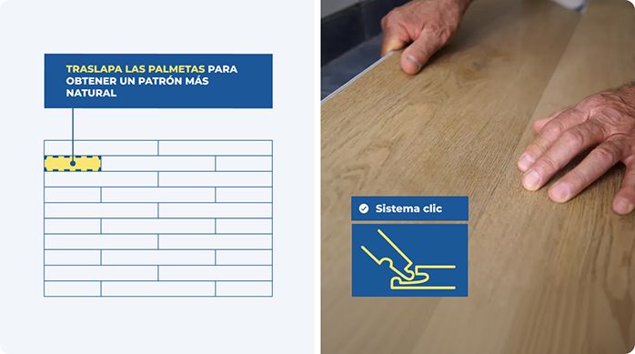 un hombre instala el piso vinílico SPC en el piso de un baño aprovechando su sistema clic.