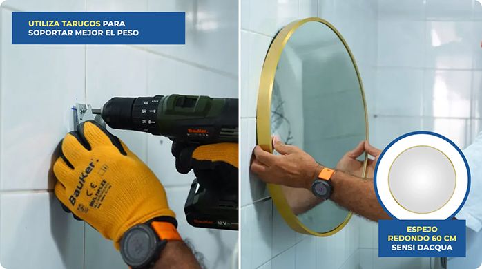 una persona instala el espejo redondo de Just Home Collection para renovar un baño pequeño.
