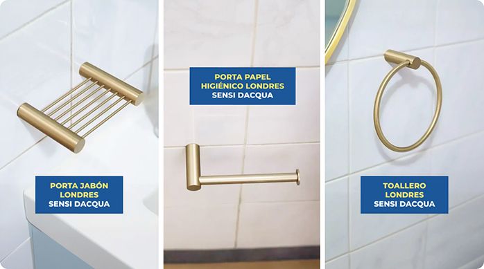 serie de 3 accesorios para baño recién instalados para renovar un baño pequeño: porta jabón londres de sendi dacqua, porta papel higiénico londres de sensi dacqua y toallero londres de sensi dacqua.