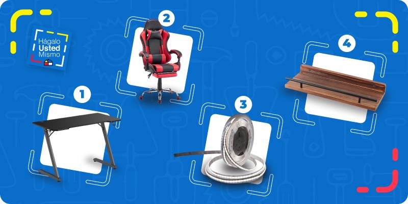 selección de productos para renovar una sala al estailo gamer: escritorio gamer, silla gamer, cinta led y repisa.
