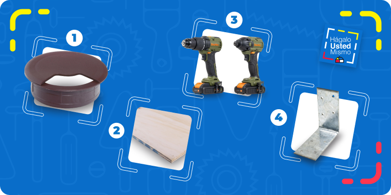 selección de productos para hacer un escritorio flotante: pasacables, terciado de mueblería, kit de taladros y ángulos de refuerzo.