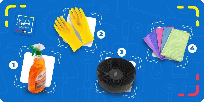 selección de productos para limpiar una campana de cocina: desengrasante, guantes, filtro de carbón activo y paños de microfibra.