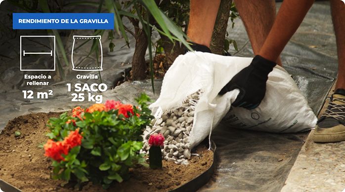 un hombre vierte gravilla en el jardín de bajo mantenimiento.