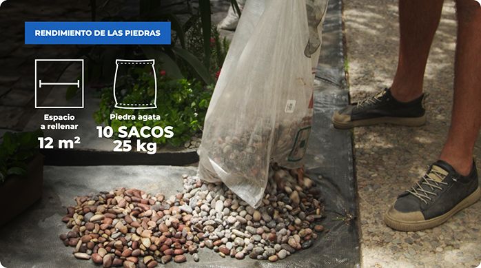 un hombre vierte piedras en el jardín de bajo mantenimiento.