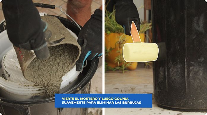 una persona vierte mortero en el molde y luego golpea por fuera con un mazo de goma para eliminar las burbujas.