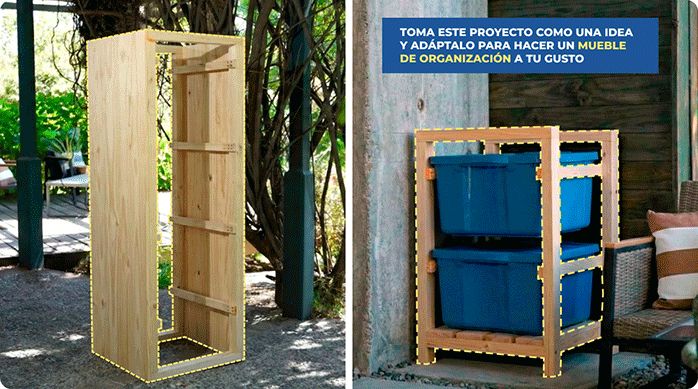 variaciones del mueble para cajas organizadoras: una con paneles laterales y otro con solamente 2 cajas.
