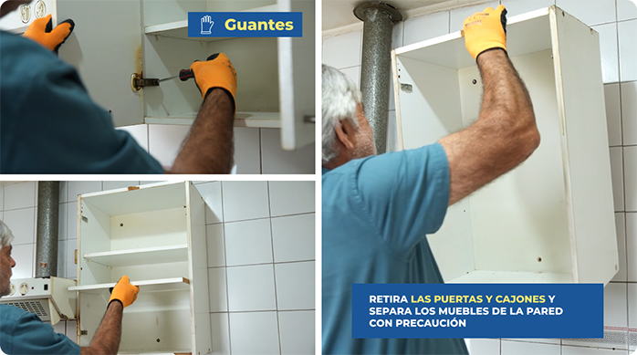 un hombre desmonta un mueble de cocina flotante en una cocina.
