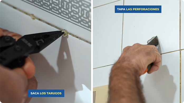 un hombre retira un tarugo de un muro de cocina y luego tapa el agujero con masa de retape.