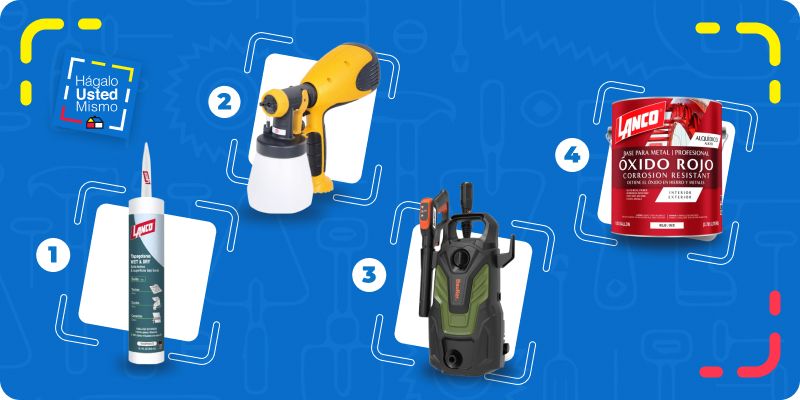 selección de productos para reparar un techo de zinc: tapagoteras transparente, pistola para pintura, hidrolavadora y pintura anticorrosión.