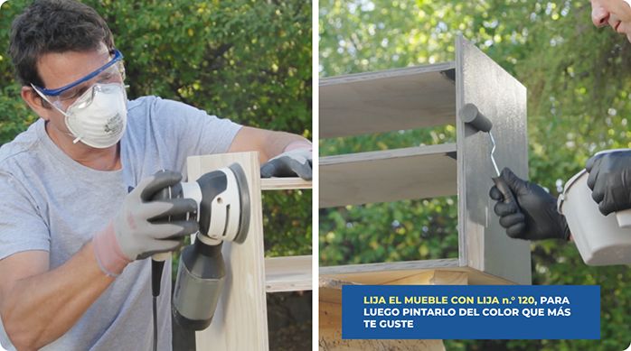 un hombre lija la superficie del mueble zapatero y luego la pinta con pintura y rodillo espuma.