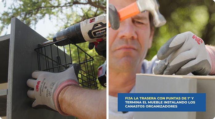 un hombre fija un canasto organizador en el lateral del mueble zapatero y fija la trasera con puntas.