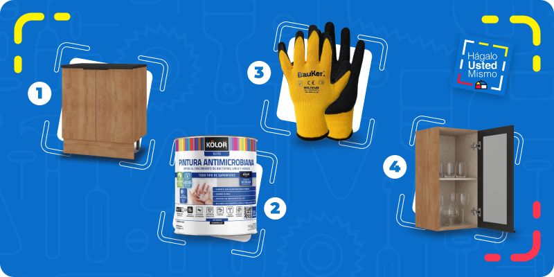 selección de productos para cambiar muebles de cocina: muebles de cocina piso just home collection, pintura antihongos, guantes de trabajo y mueble flotante just home collection.