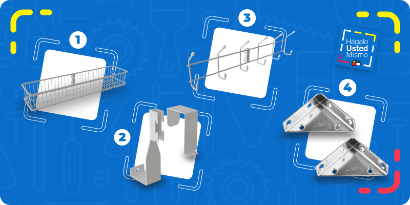 selección de productos para hacer un organizador vertical detrás de la puerta: canasto metálico, percha, conectores y escuadras de refuerzo.