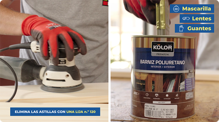 una persona suaviza la superficie de la madera con una lijadora roto orbital y luego aplica barniz poliuretano.