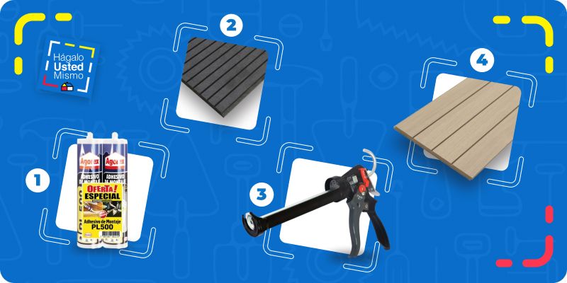 selección de productos para renovar un dormitorio con revestimientos micro ripados Masisa: adhesivo de montaje, revestimiento micro ripado Masisa Magma, pistola calafatera y revestimiento micro ripado Masisa Carvalo.