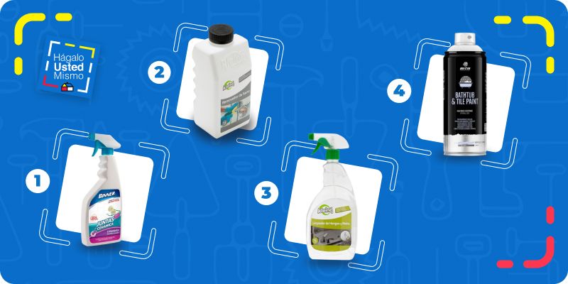 selección de productos para renovar una tina de baño: limpiador de junturas, removedor de sarro, limpiador de hongos y pintura para bañeras.